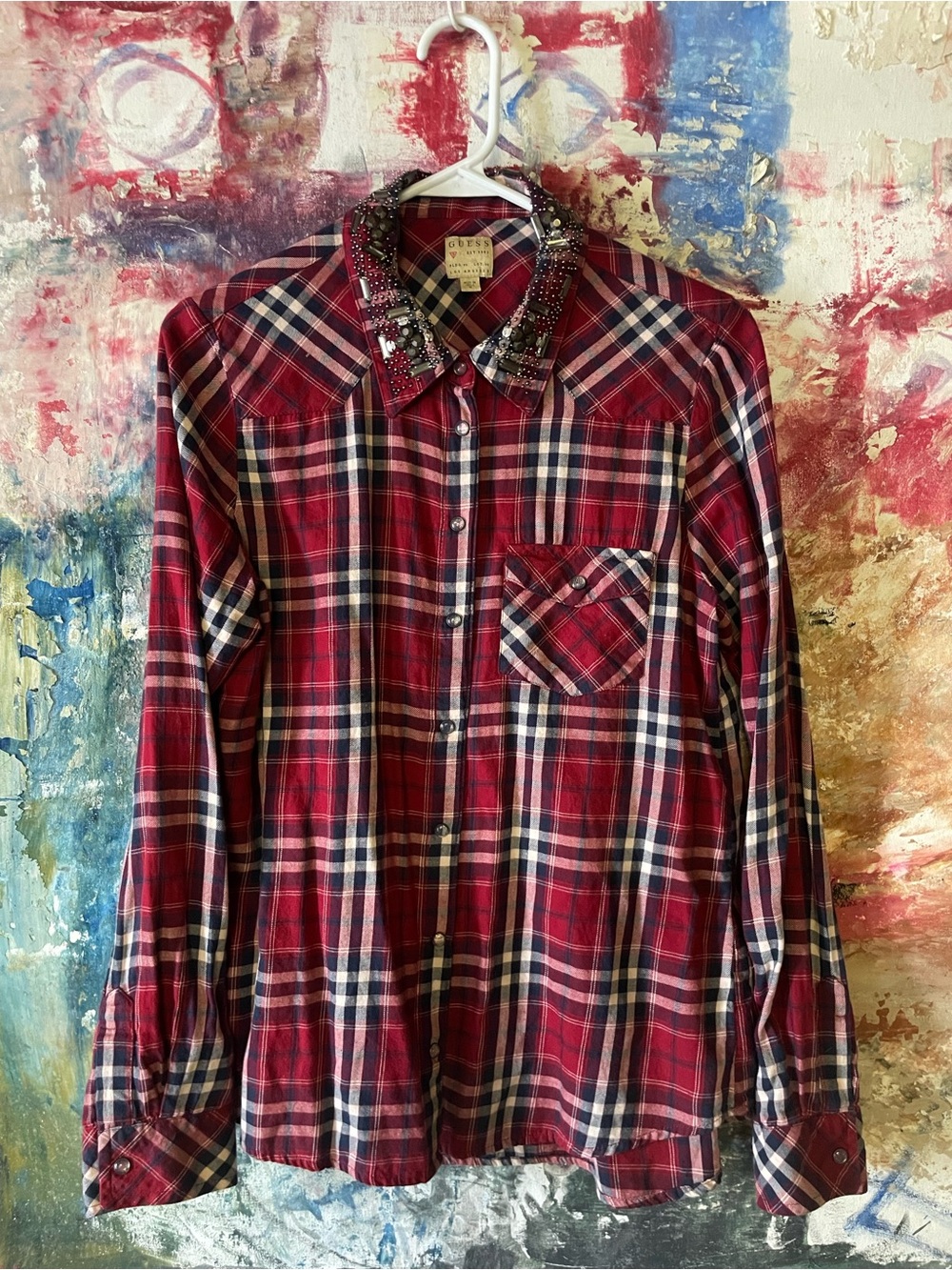 Guess Red Plaid Button-Down Shirt with Embellished Collar